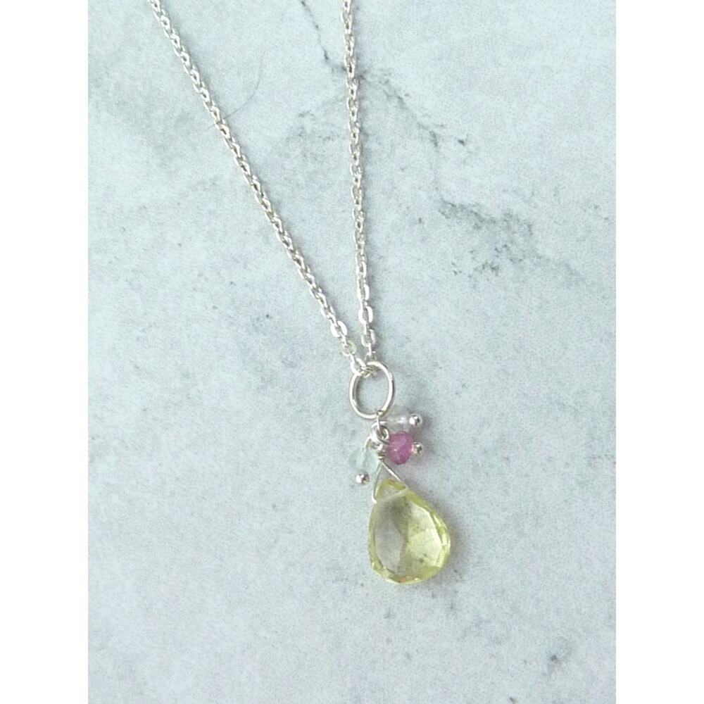 925 Sterling Silver Lemon Topaz Moonstone Tourmaline Charm Necklace 16 In